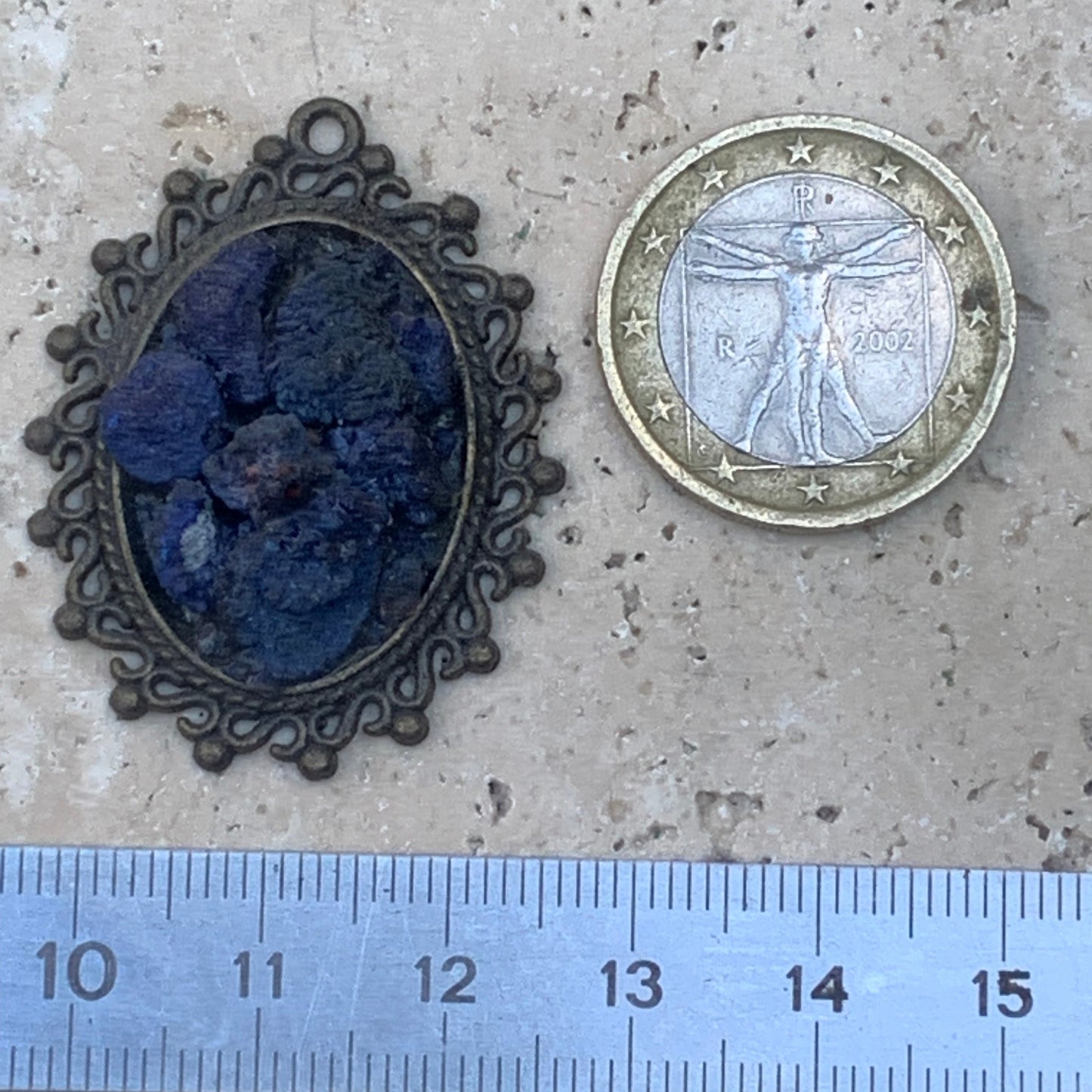 Azurite, bronze-colored brass pendant with beautiful natural crystals, 37mm high x 30 wide x 8 thick. Sold with a free adjustable black cord!