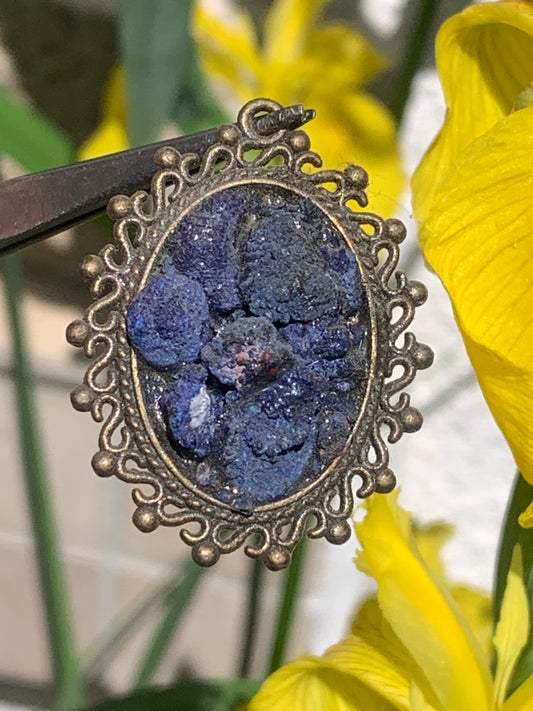 Azurite, bronze-colored brass pendant with beautiful natural crystals, 37mm high x 30 wide x 8 thick. Sold with a free adjustable black cord!