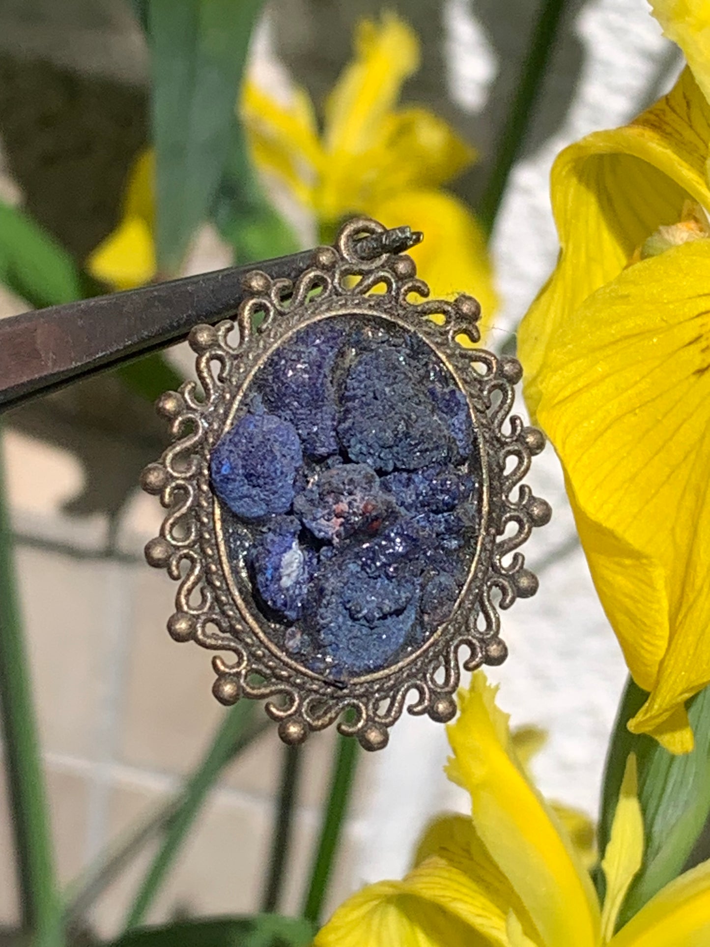 Azurite, bronze-colored brass pendant with beautiful natural crystals, 37mm high x 30 wide x 8 thick. Sold with a free adjustable black cord!