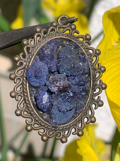 Azurite, bronze-colored brass pendant with beautiful natural crystals, 37mm high x 30 wide x 8 thick. Sold with a free adjustable black cord!