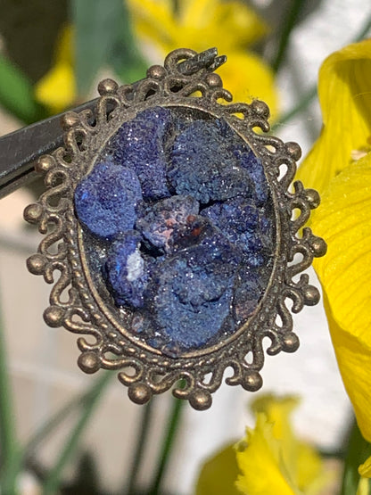 Azurite, bronze-colored brass pendant with beautiful natural crystals, 37mm high x 30 wide x 8 thick. Sold with a free adjustable black cord!