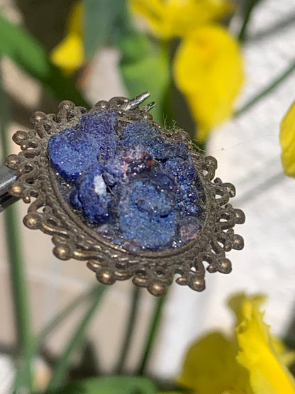 Azurite, bronze-colored brass pendant with beautiful natural crystals, 37mm high x 30 wide x 8 thick. Sold with a free adjustable black cord!