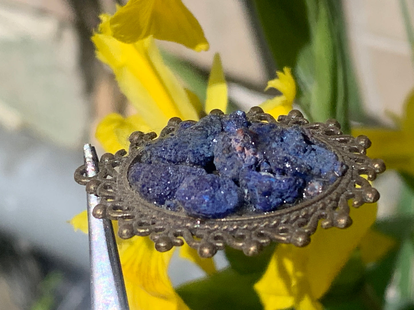 Azurite, bronze-colored brass pendant with beautiful natural crystals, 37mm high x 30 wide x 8 thick. Sold with a free adjustable black cord!