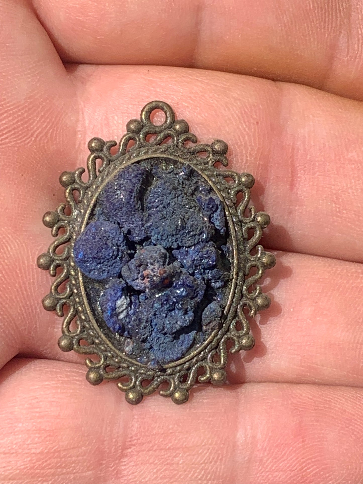 Azurite, bronze-colored brass pendant with beautiful natural crystals, 37mm high x 30 wide x 8 thick. Sold with a free adjustable black cord!