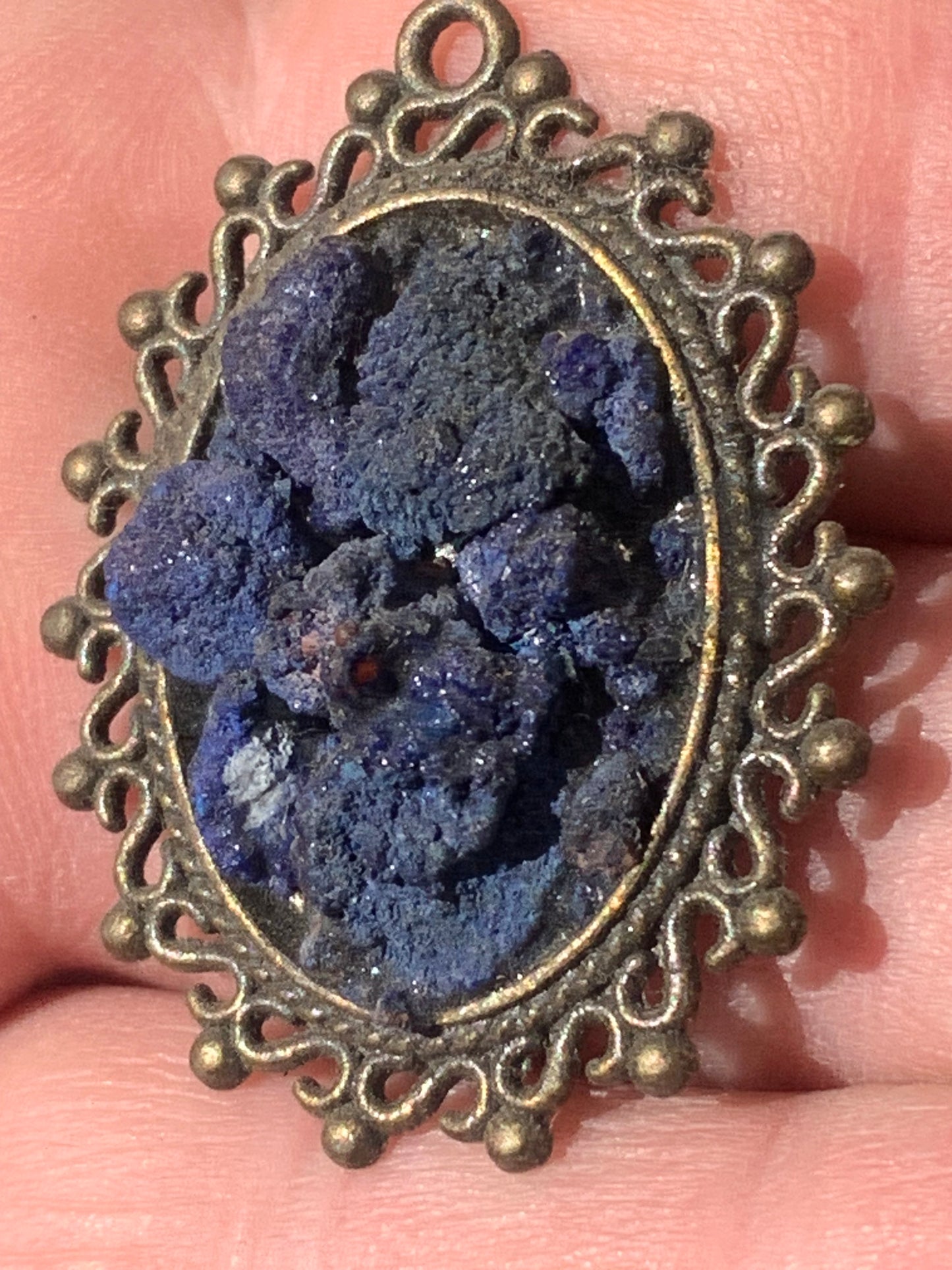 Azurite, bronze-colored brass pendant with beautiful natural crystals, 37mm high x 30 wide x 8 thick. Sold with a free adjustable black cord!