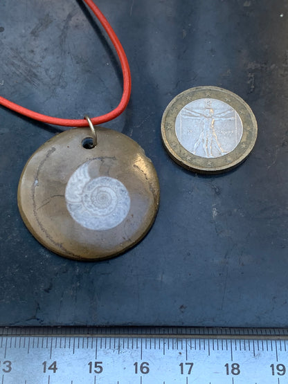 Ammonite fossile dans grès rouge (Usa), pendentif de 33 millimètres x 6. Vendu avec cordon noir et réglable de 60 cm !