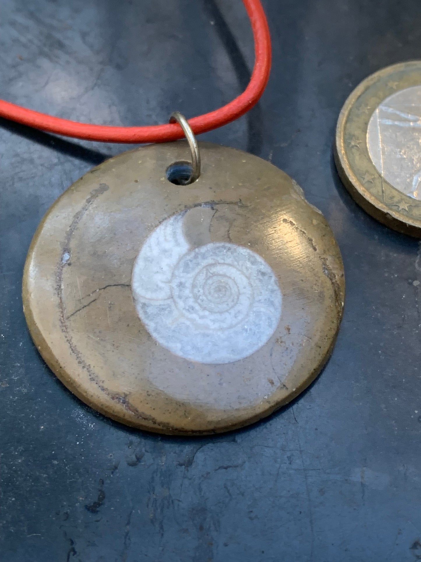 Ammonite fossile dans grès rouge (Usa), pendentif de 33 millimètres x 6. Vendu avec cordon noir et réglable de 60 cm !