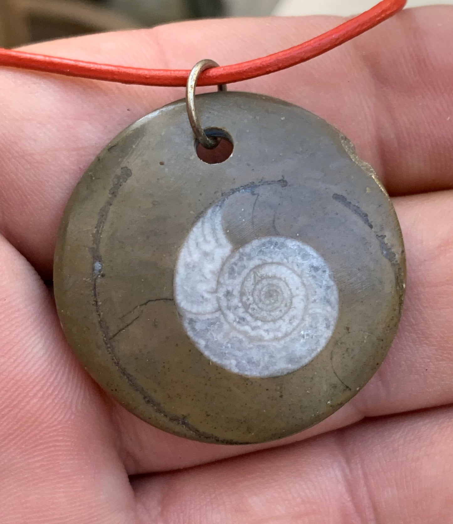 Ammonite fossile dans grès rouge (Usa), pendentif de 33 millimètres x 6. Vendu avec cordon noir et réglable de 60 cm !