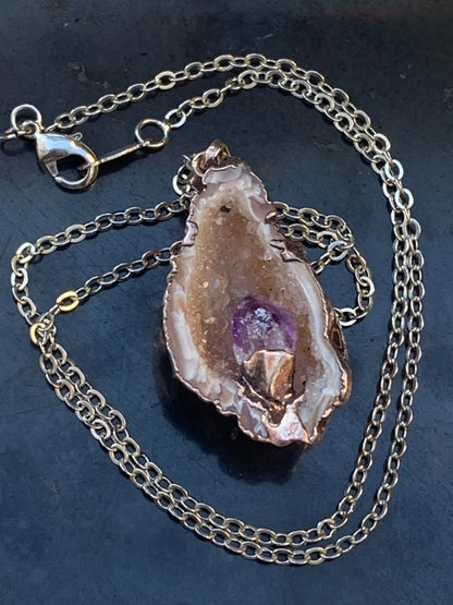 Amethyst and Agate, 'mini-geode' pendant called 'geodinhos', 42mm high x 18 x 14. Sold with free adjustable black cord!
