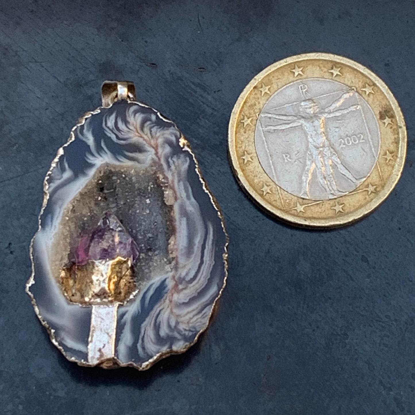Amethyst and Agate, 'mini-geode' pendant called 'géodinhos', 42mm high x 24 wide x 12 thick. Sold with adjustable black cord!