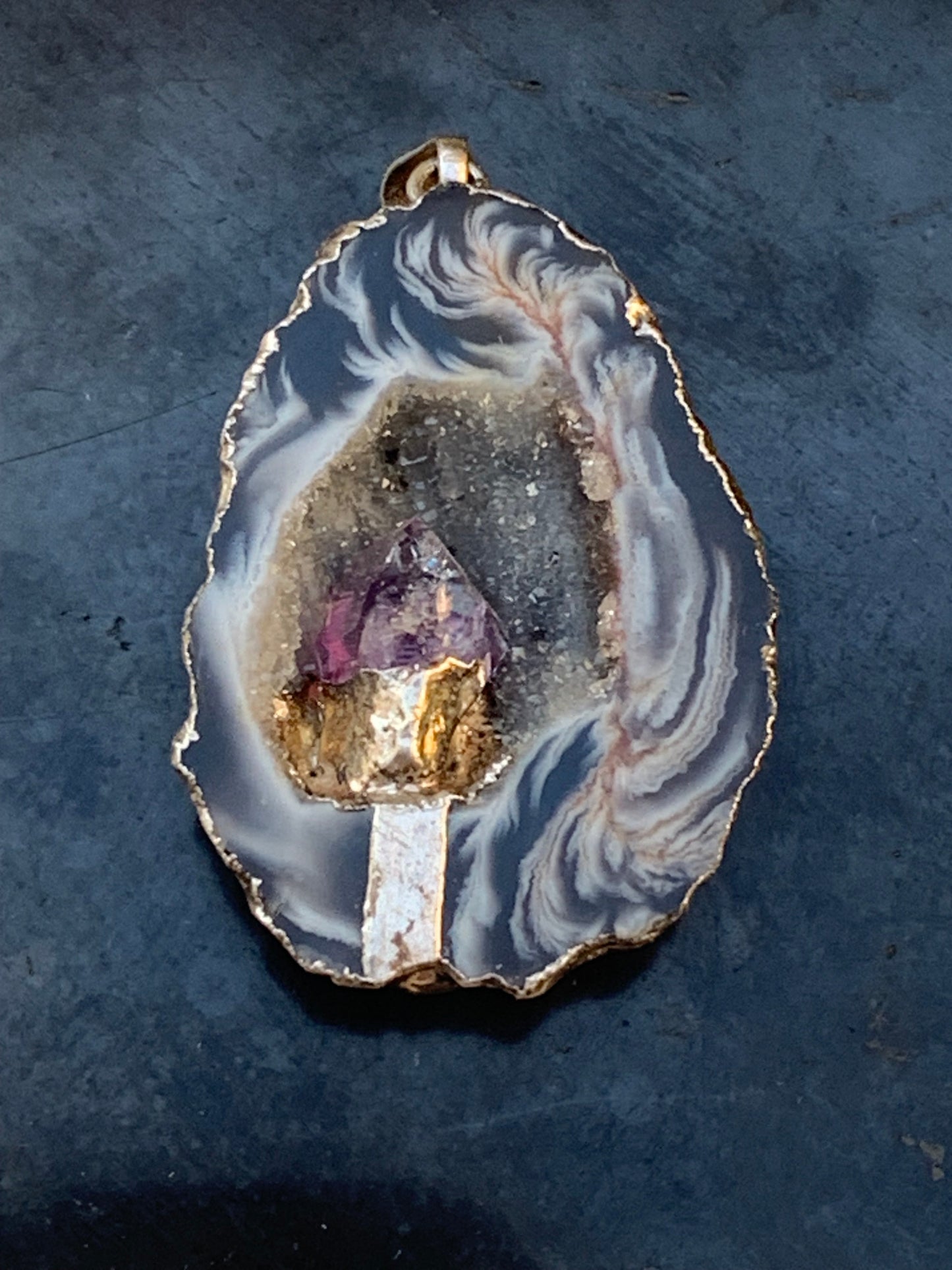 Amethyst and Agate, 'mini-geode' pendant called 'géodinhos', 42mm high x 24 wide x 12 thick. Sold with adjustable black cord!