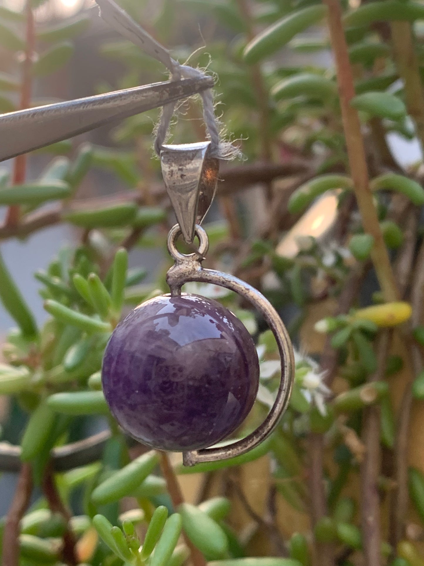 Amethyst, Silver 'Globe' pendant, 28mm high x 17mm wide x 14mm thick. Sold with a free adjustable black cord!
