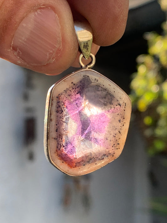 Amethyst 'super 7/ super seven', Silver pendant, 40mm high x 25mm wide x 6mm thick. Sold with a free adjustable black cord!