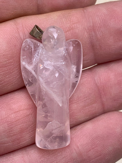 Rock crystal/Rose quartz! 'Angel' pendant measuring 40mm high x 18mm wide x 14mm thick. Sold with an adjustable black cord!