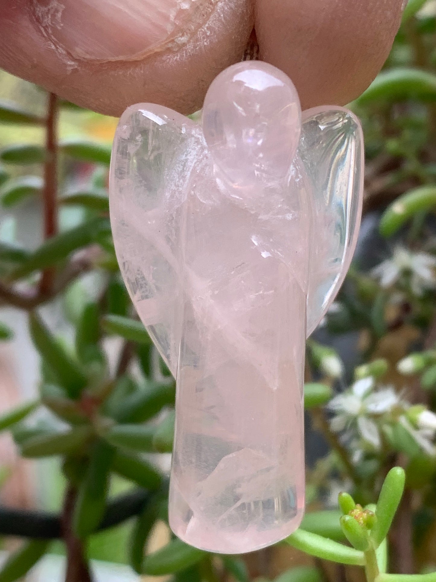 Rock crystal/Rose quartz! 'Angel' pendant measuring 40mm high x 18mm wide x 14mm thick. Sold with an adjustable black cord!