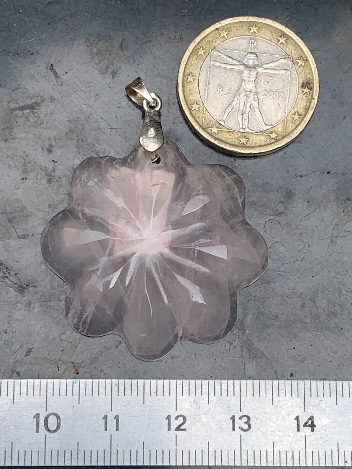 Rock crystal/Rose quartz! Pendant measuring 46mm high x 35mm wide x 8mm thick. Sold with an adjustable black cord!