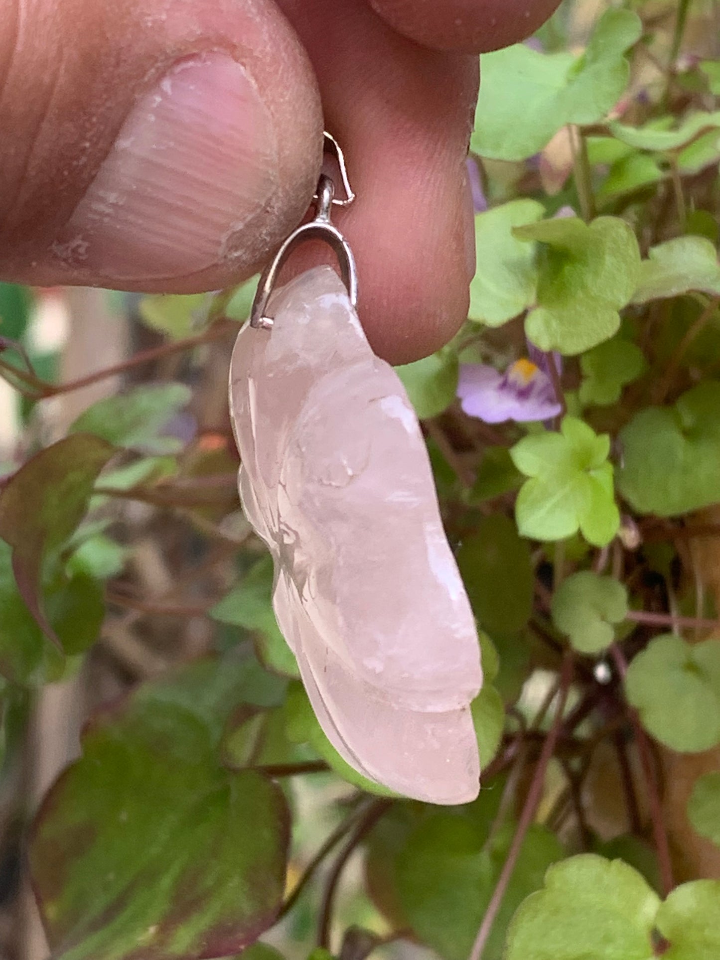 Rock crystal/Rose quartz! Pendant measuring 46mm high x 35mm wide x 8mm thick. Sold with an adjustable black cord!