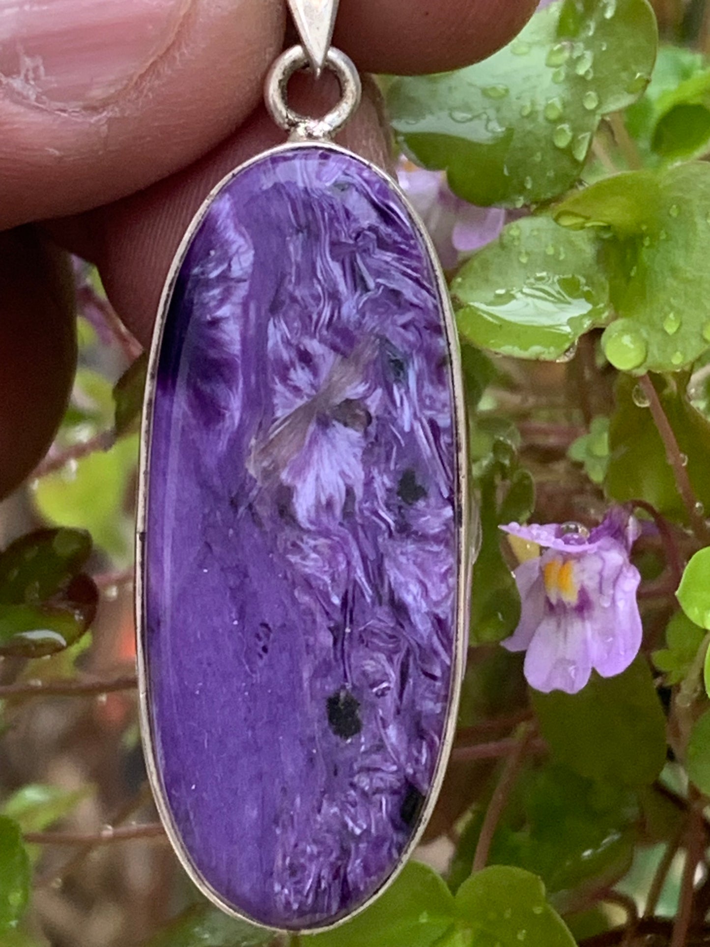 Charoite, magnificent pendant in 925 Silver, 52mm high x 18 wide x 8 thick. Sold with an adjustable black cord!