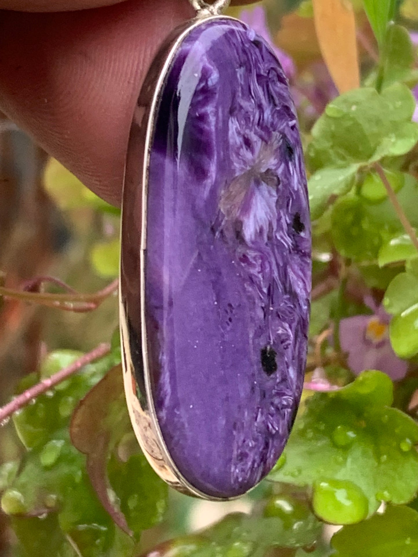 Charoite, magnificent pendant in 925 Silver, 52mm high x 18 wide x 8 thick. Sold with an adjustable black cord!