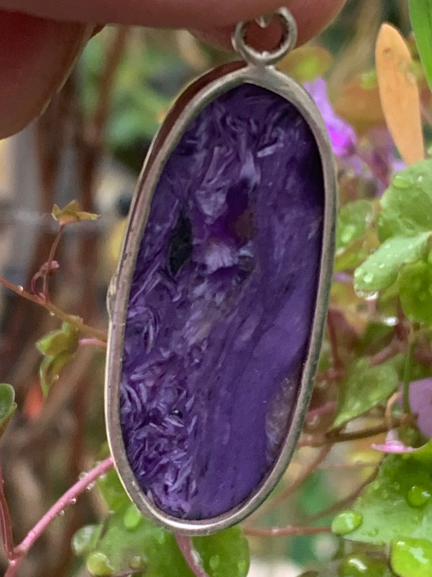 Charoite, magnificent pendant in 925 Silver, 52mm high x 18 wide x 8 thick. Sold with an adjustable black cord!