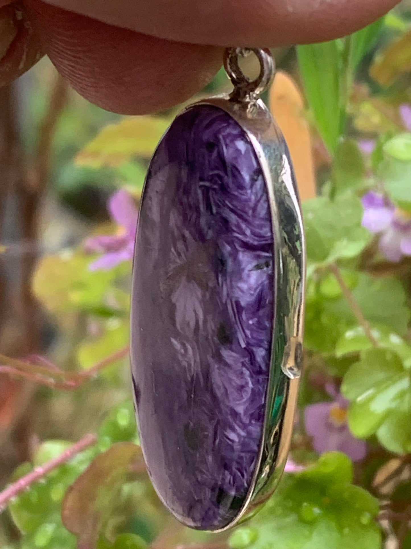 Charoite, magnificent pendant in 925 Silver, 52mm high x 18 wide x 8 thick. Sold with an adjustable black cord!