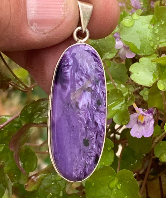 Charoite, magnificent pendant in 925 Silver, 52mm high x 18 wide x 8 thick. Sold with an adjustable black cord!