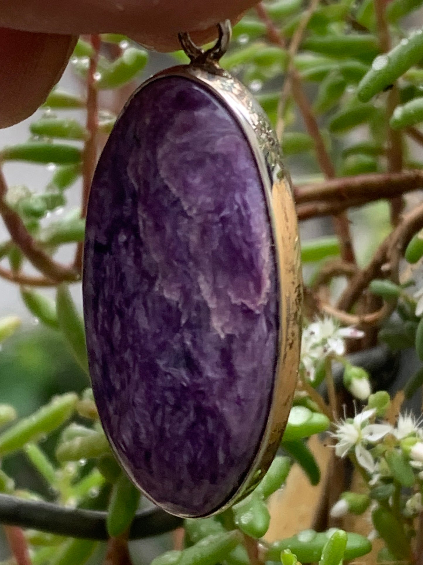 Charoite, magnificent 925 Silver pendant measuring 50mm high x 19mm wide x 9mm thick. Sold with an adjustable black cord!