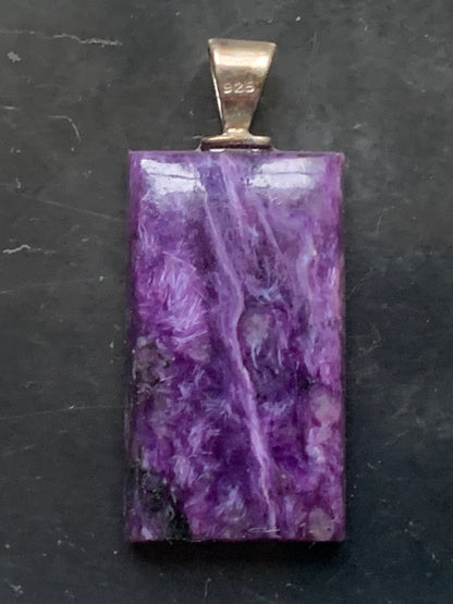 Charoite, magnificent pendant in 925 Silver, 37mm high x 16 wide x 7 thick. Sold with an adjustable black cord!