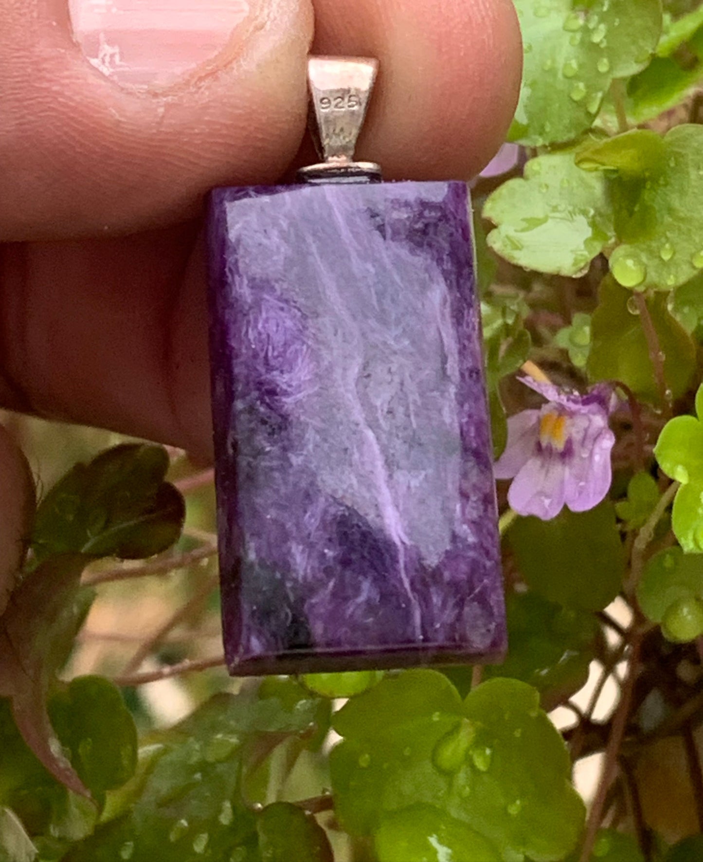 Charoite, magnificent pendant in 925 Silver, 37mm high x 16 wide x 7 thick. Sold with an adjustable black cord!