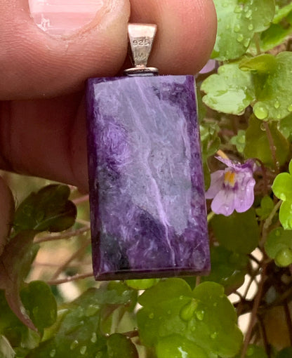 Charoite, magnificent pendant in 925 Silver, 37mm high x 16 wide x 7 thick. Sold with an adjustable black cord!