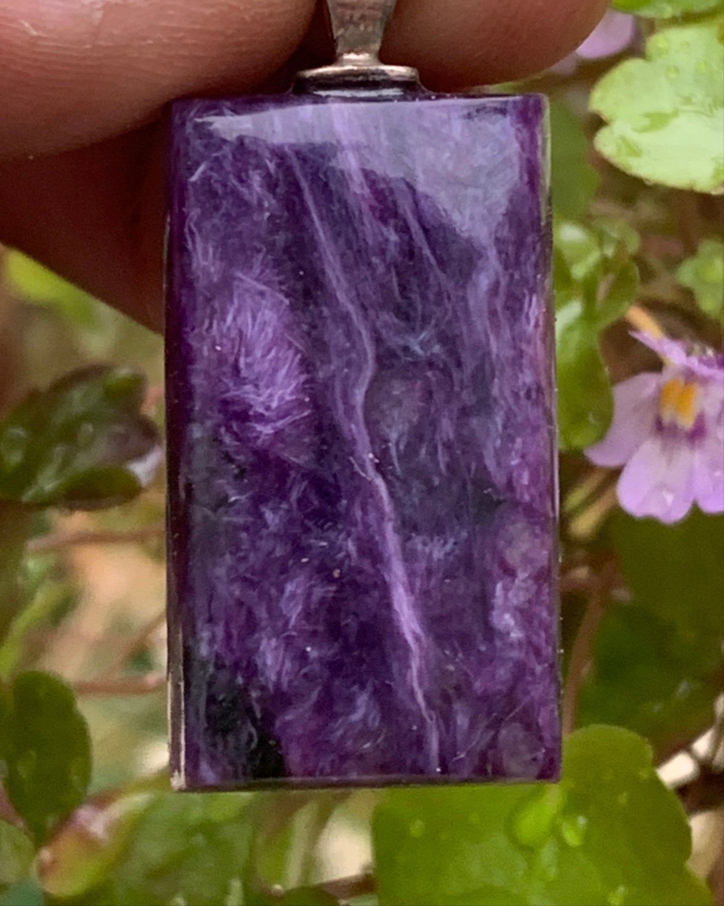 Charoite, magnificent pendant in 925 Silver, 37mm high x 16 wide x 7 thick. Sold with an adjustable black cord!