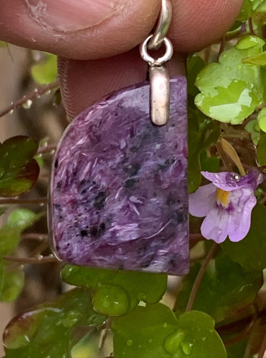 Charoite, magnificent 925 Silver pendant, 35mm high x 18mm wide x 7mm thick. Sold with an adjustable black cord!