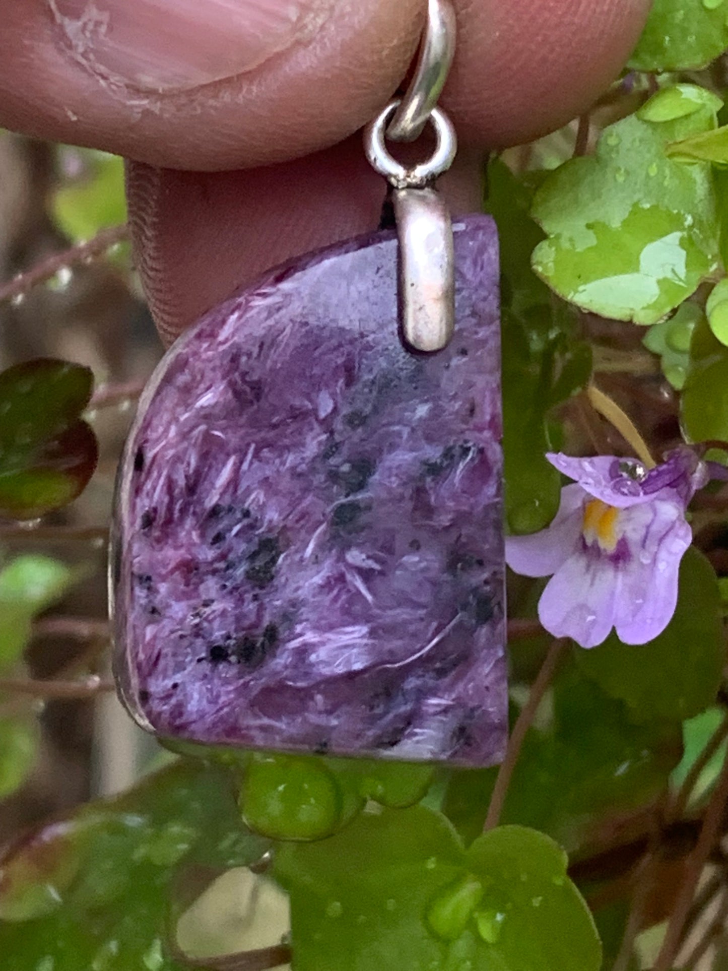 Charoite, magnificent 925 Silver pendant, 35mm high x 18mm wide x 7mm thick. Sold with an adjustable black cord!