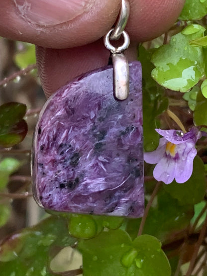 Charoite, magnificent 925 Silver pendant, 35mm high x 18mm wide x 7mm thick. Sold with an adjustable black cord!