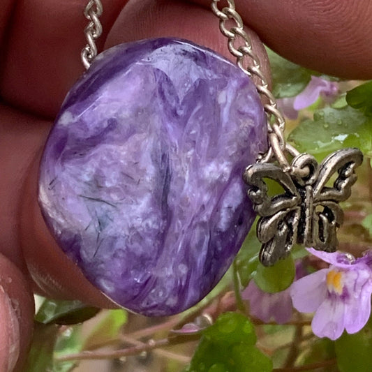Charoite, 925 Silver pendant, 27mm high x 21mm wide x 10mm thick. Sold with an adjustable black cord!