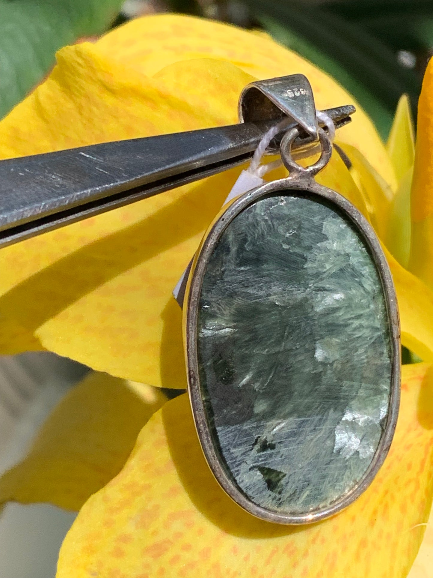 Séraphinite ! Pendentif en Argent 925 de 48mm de hauteur x 22 de largeur x 8 d'épaisseur. Vendu avec cordon réglable de couleur noire !