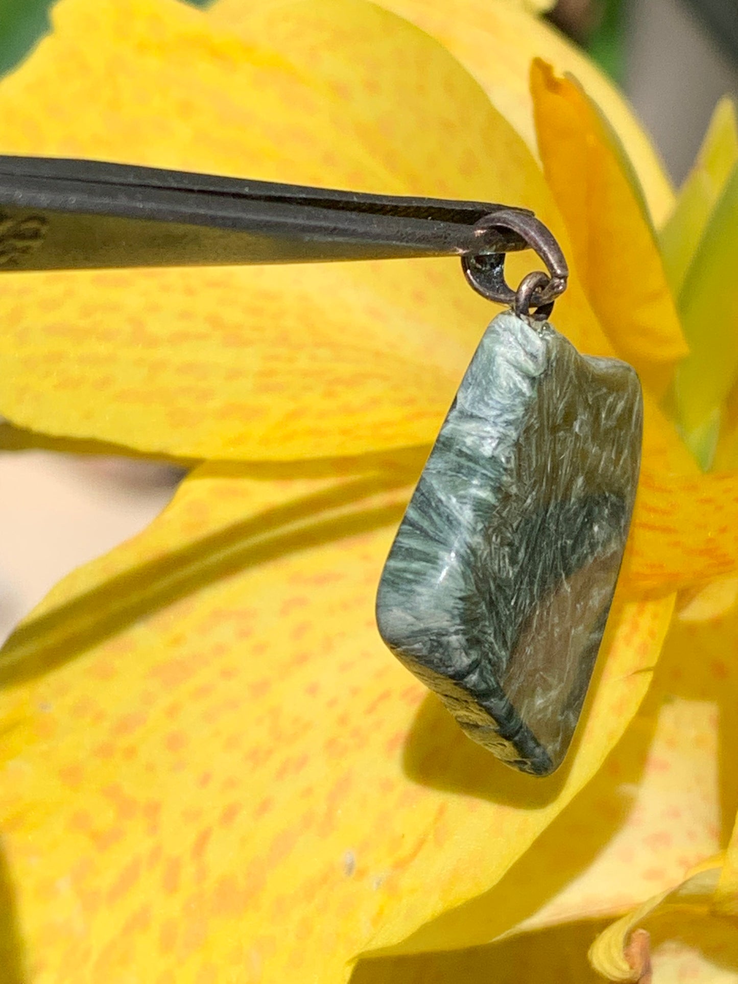 Séraphinite ! Pendentif en Argent 925 de 34mm de hauteur x 26 de largeur x 5 d'épaisseur. Vendu avec cordon réglable de couleur noire !