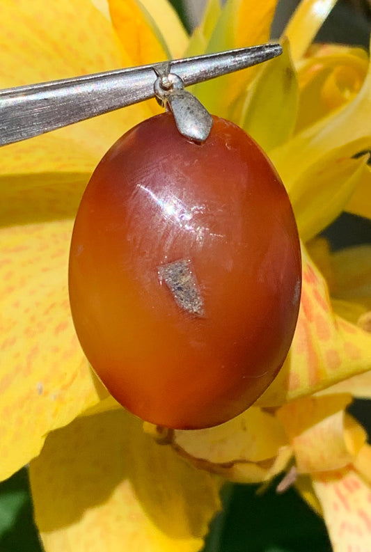 Carnelian, pendant measuring 42mm high x 25mm wide x 8mm thick. Sold with an adjustable black cord!