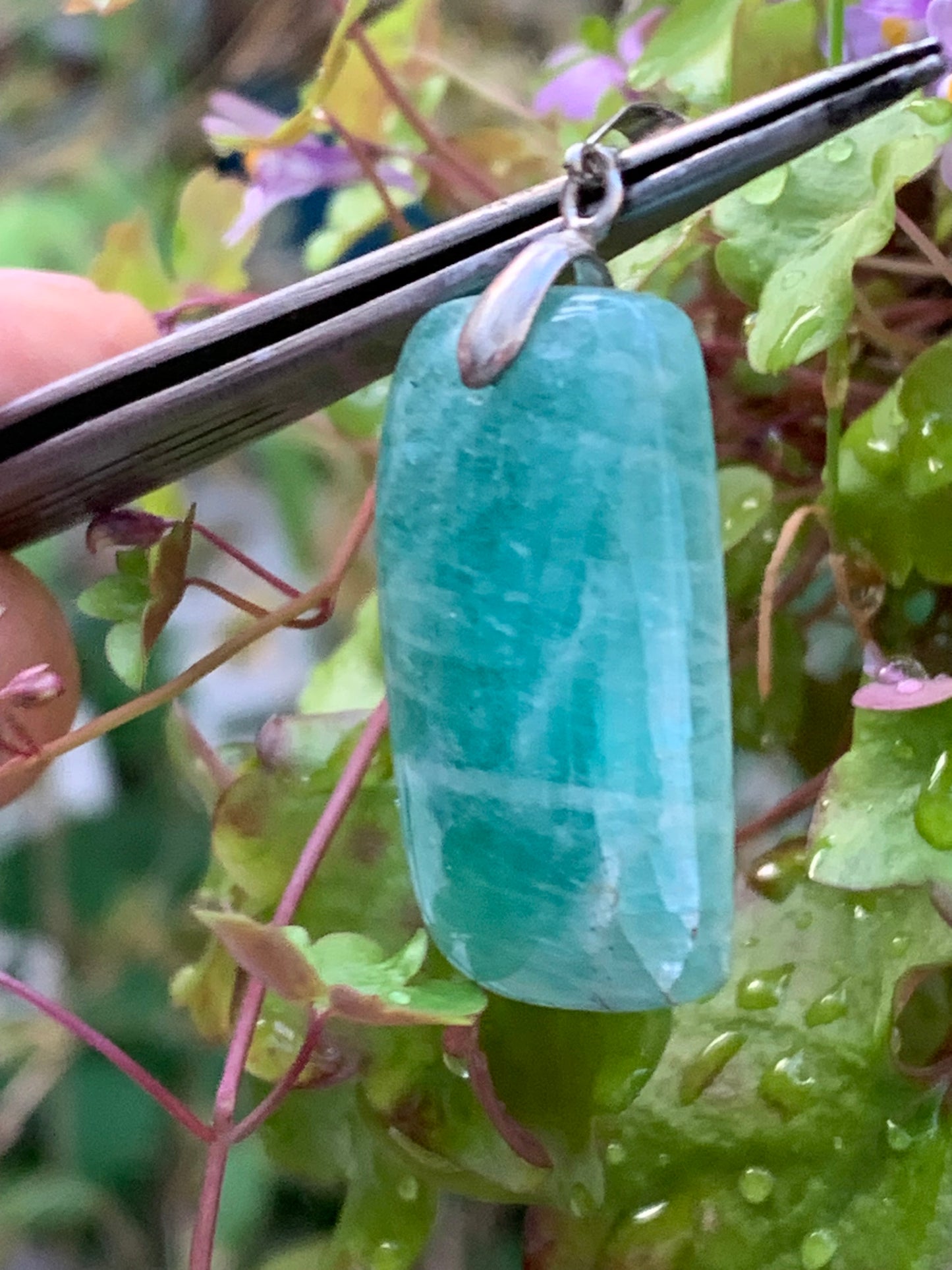 Amazonite, pendant measuring 42mm high x 18mm wide x 8mm thick. Sold with a free adjustable black cord!
