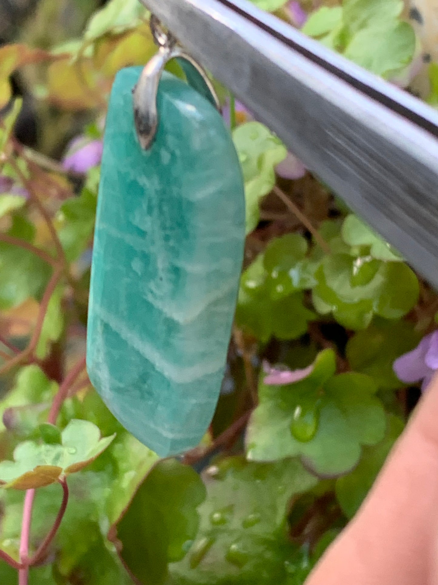 Amazonite, pendant measuring 42mm high x 18mm wide x 8mm thick. Sold with a free adjustable black cord!