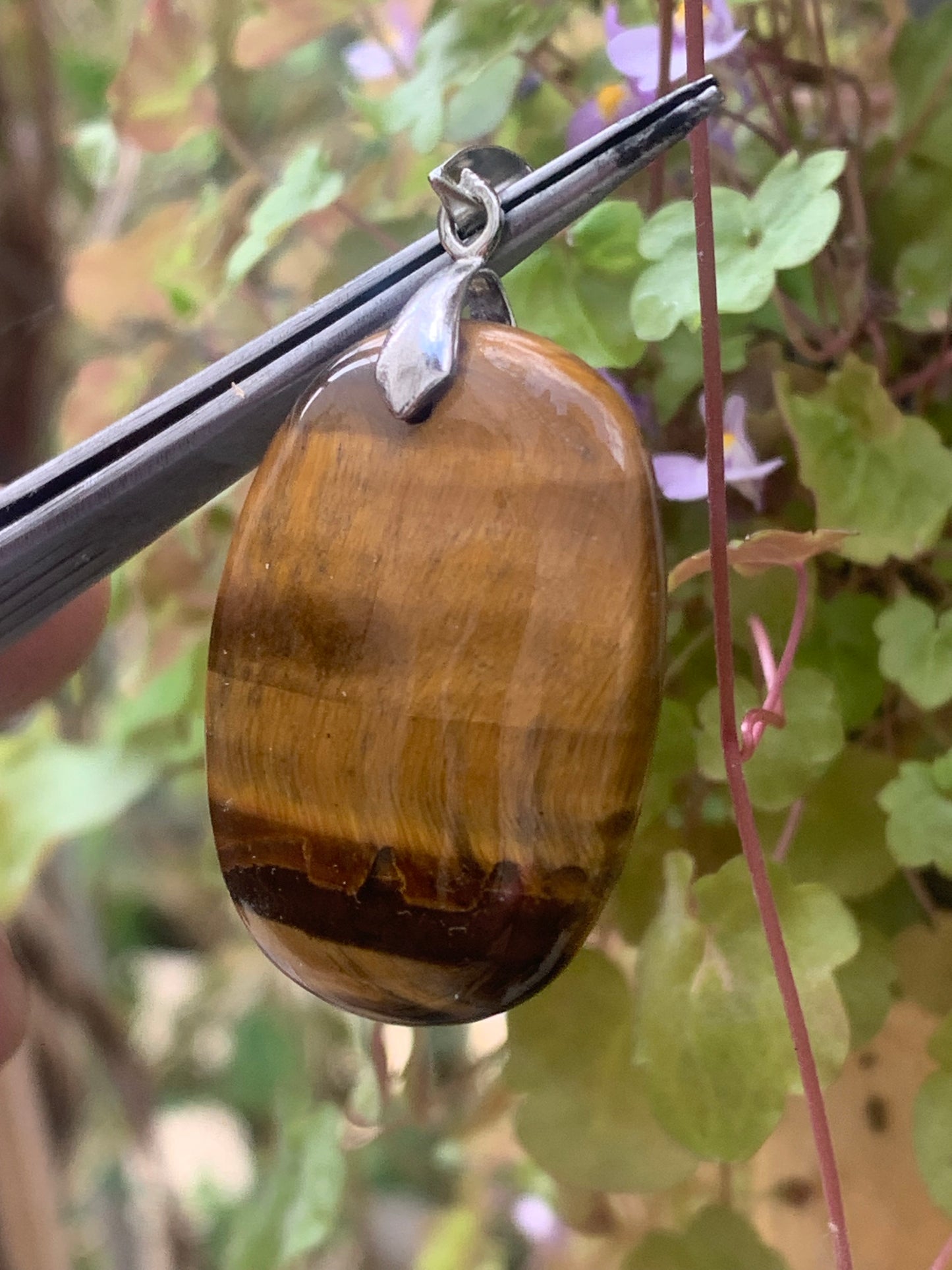 Tiger's Eye pendant measuring 42mm high x 25mm wide x 7mm thick. Comes with a free adjustable black cord!