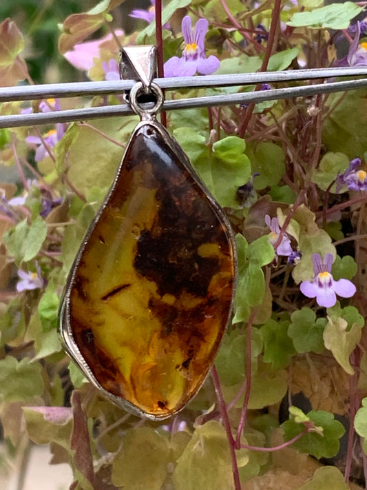 Amber, superb silver pendant measuring 55x22x12 mm. Sold with a sliding (adjustable) black leather cord from 40 to 70 cm!