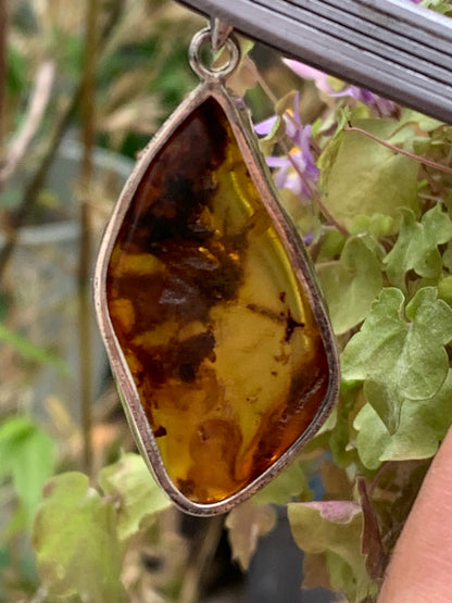 Amber, superb silver pendant measuring 55x22x12 mm. Sold with a sliding (adjustable) black leather cord from 40 to 70 cm!
