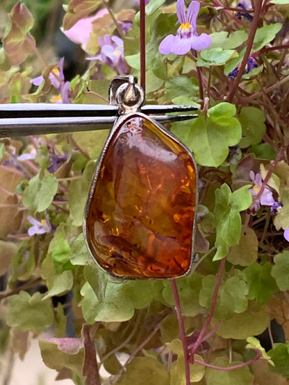 Amber, superb silver pendant measuring 40x20x12 mm. Sold with a sliding (adjustable) black leather cord from 40 to 70 cm!
