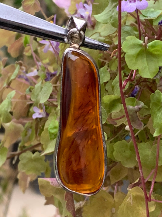 Amber, superb silver pendant measuring 50x15x7 mm. Sold with a sliding (adjustable) black leather cord measuring 40 to 70 cm!