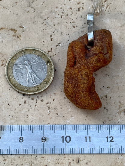 Amber, silver pendant, polished natural pebble measuring 50x20x14 millimeters, sold with a sliding (adjustable) black leather cord measuring 40 to 70 centimeters!
