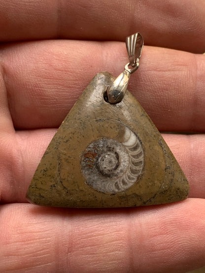 Ammonite fossile dans du grès rouge (Usa), pendentif de taille 40 millimètres x 35 x 7. Vendu avec ou sans cordon noir et réglable de 60 cm !