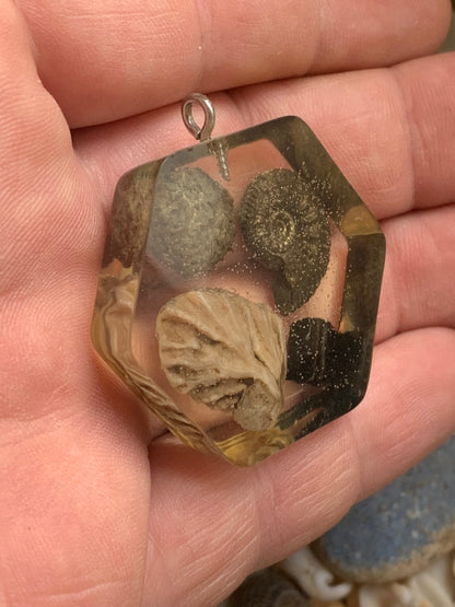 Orgonite avec Ammonite et fossiles, pendentif de taille de 42 millimètres x 44 x 12. Vendu avec ou sans cordon noir et réglable de 60 cm !