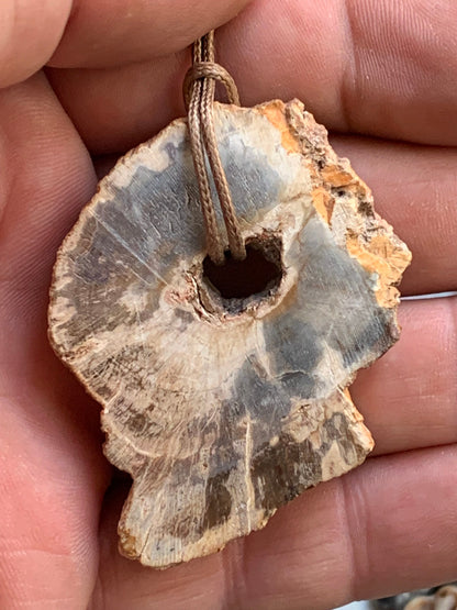 Bois fossilisé/ pétrifié, pendentif de 58x42x8 millimètres, vendu avec cordon coulissant (réglable) marron de 40 à 70 centimètres !