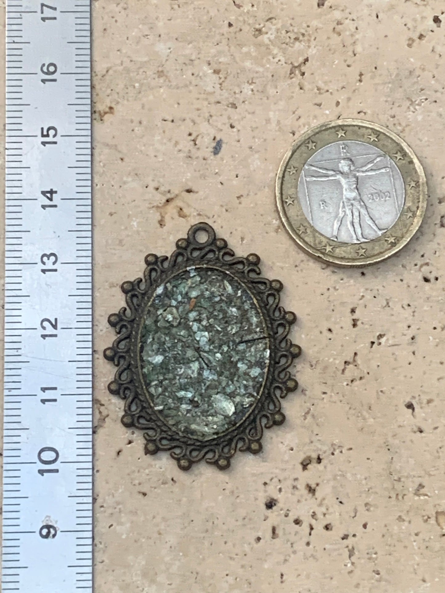 Fuchsite (green micas), medal mounted by G &amp; Z, 36 mm high x30 x3. Sold with an adjustable black cord!